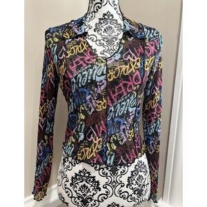 Vtg Y2K Self Esteem Large Art To Wear Fairy Graffiti Whimsigoth Mesh Cropped